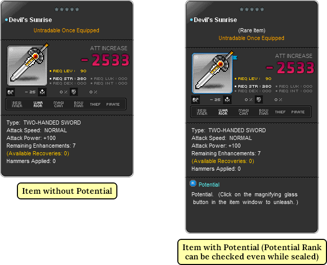 MapleStory Items with and without Potential