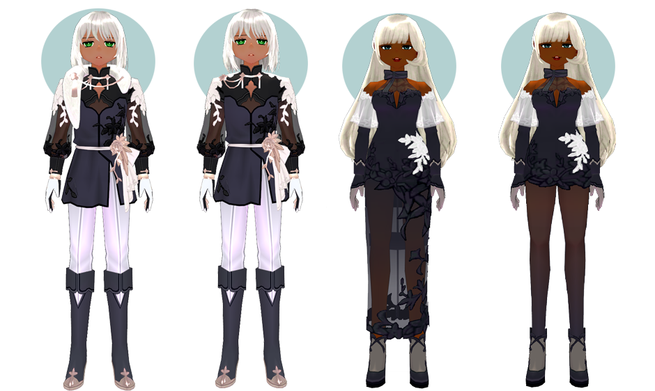 Mabinogi Black Rose Fur Wear (M), Mabinogi Black Rose Wear (M), Mabinogi Black Rose Long Dress (F), Mabinogi Black Rose Short Dress (F)